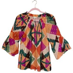 JADE By Melody Tam Bell Sleeve Geometric Print Blouse, Small